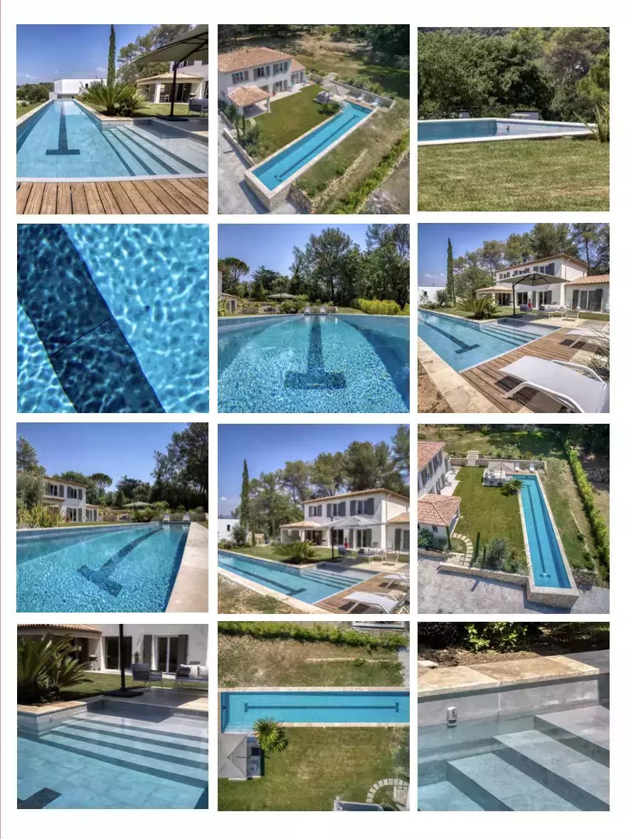 une piscine rectangulaire avec couloir de nage, terrasse élaborée en trois zones, et végétation choisie pour une ambiance marine.